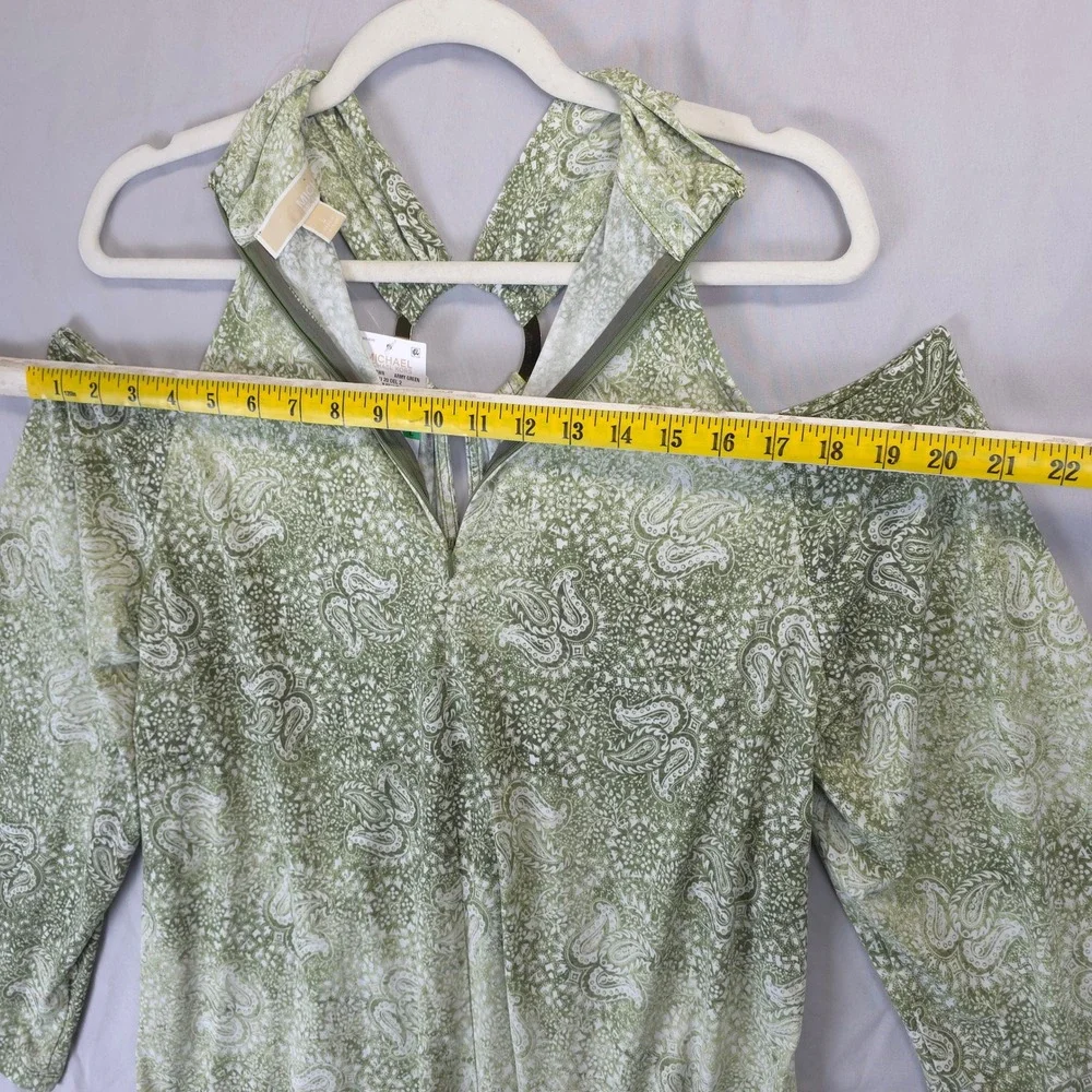 Michael Kors Cold Shoulder Paisley Neck Zipper Halter Top Blouse Army Green L‎